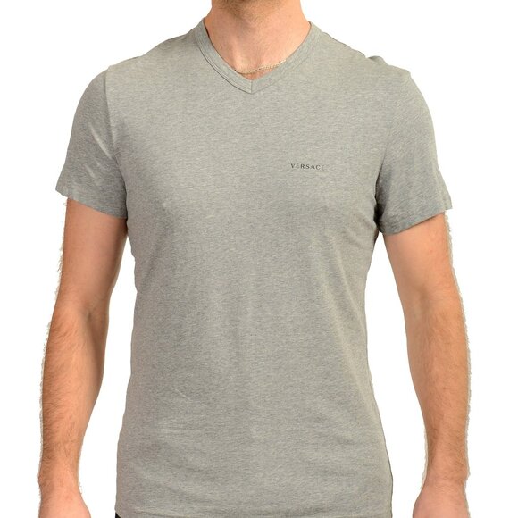 Versace Men's Gray Logo Print V-Neck T-Shirt Versace sz 7 US XL IT 54 - Picture 1 of 6